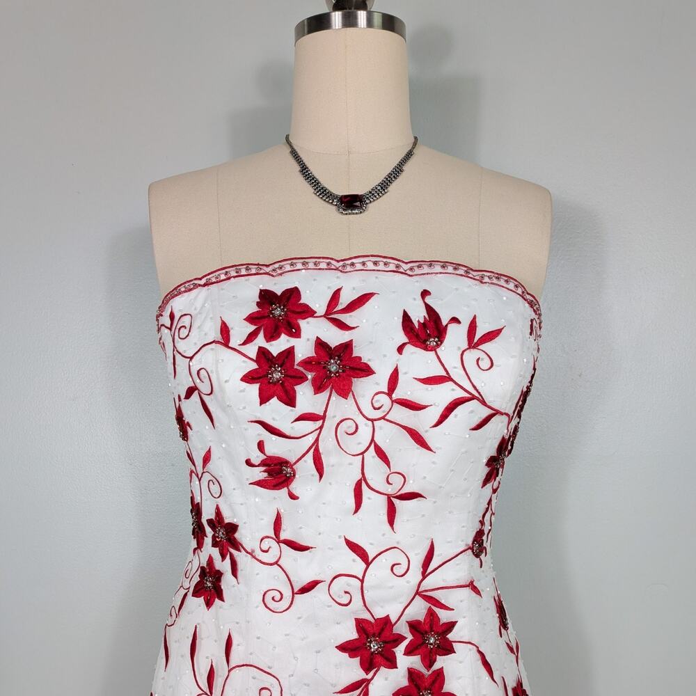 Vintage Cache Prom Dress Maxi Gown 10 White Red Floral Y2K Wedding Bride Glam - Picture 6 of 16